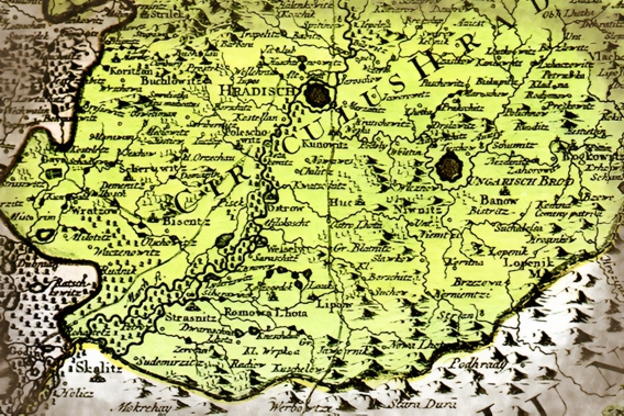 oblast Slovácka na mapě z roku 1742 